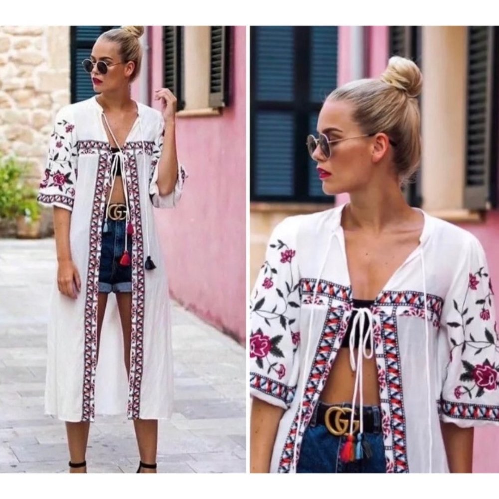 Zara TRF Embroidered Kimono Maxi Dress NWT Sz M